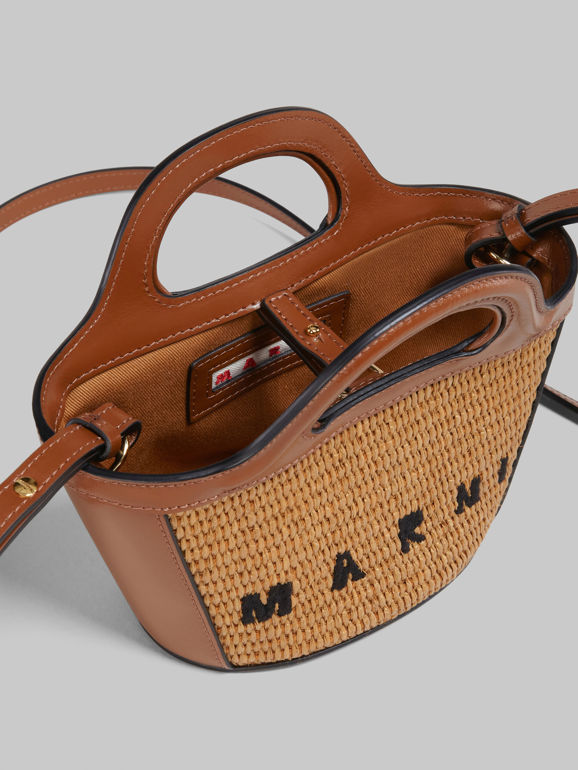 Tropicalia Micro Bag in brown leather and raffia-effect fabric