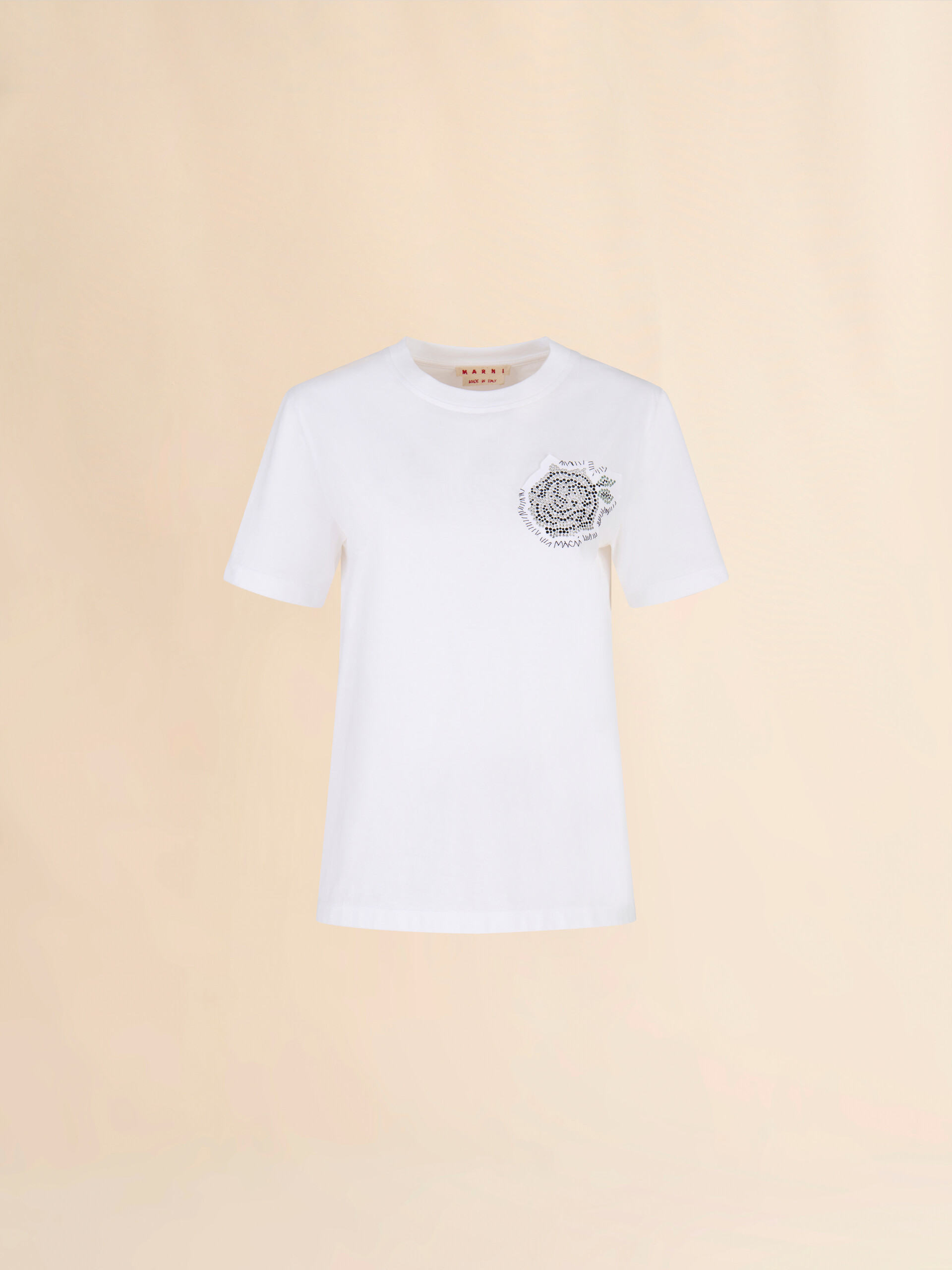 T-shirt in cotone bianco con rosa in strass - T-shirt - Image 1