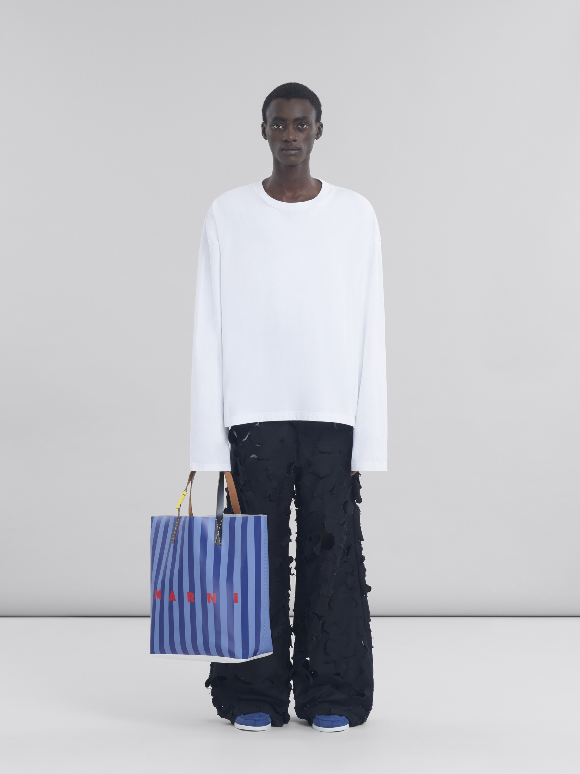 Tribeca shopping bag a righe blu con logo Marni - Borse shopping - Image 2