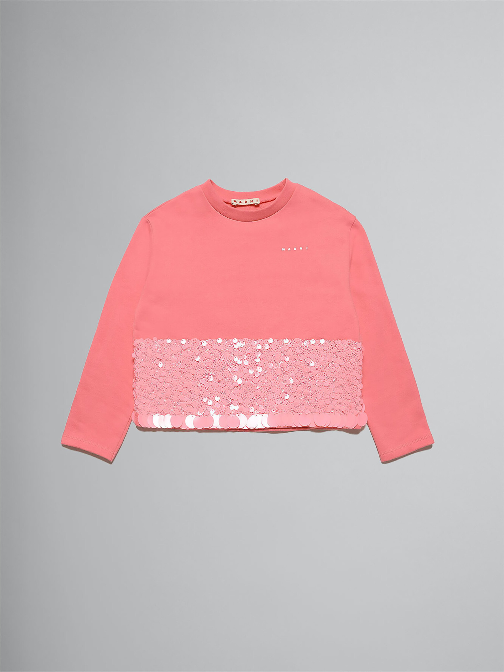 ピンク クルーネック スパンコール付き コットン製スウェットシャツ