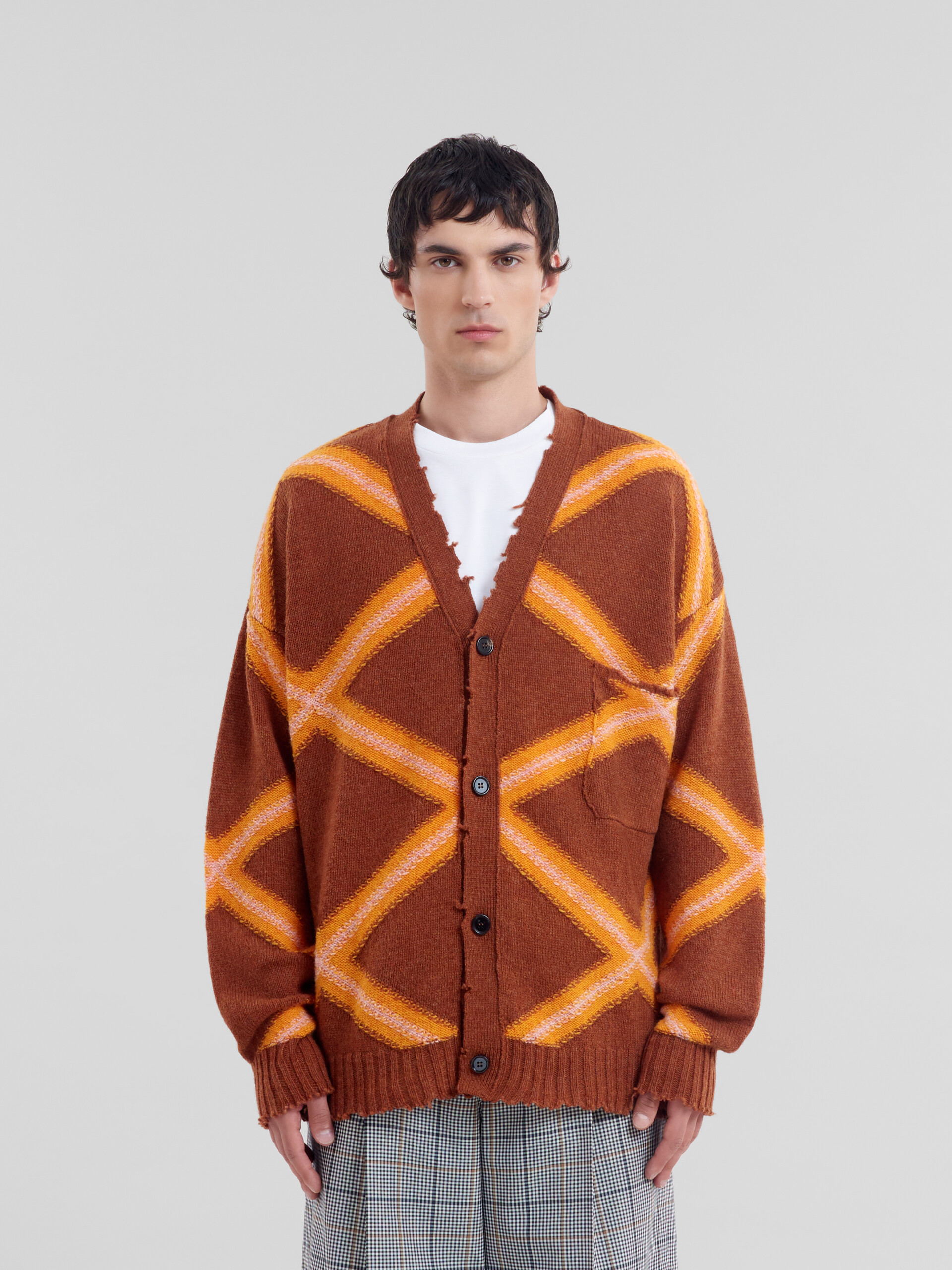 Brown broken wool cardigan with argyle motif | Marni