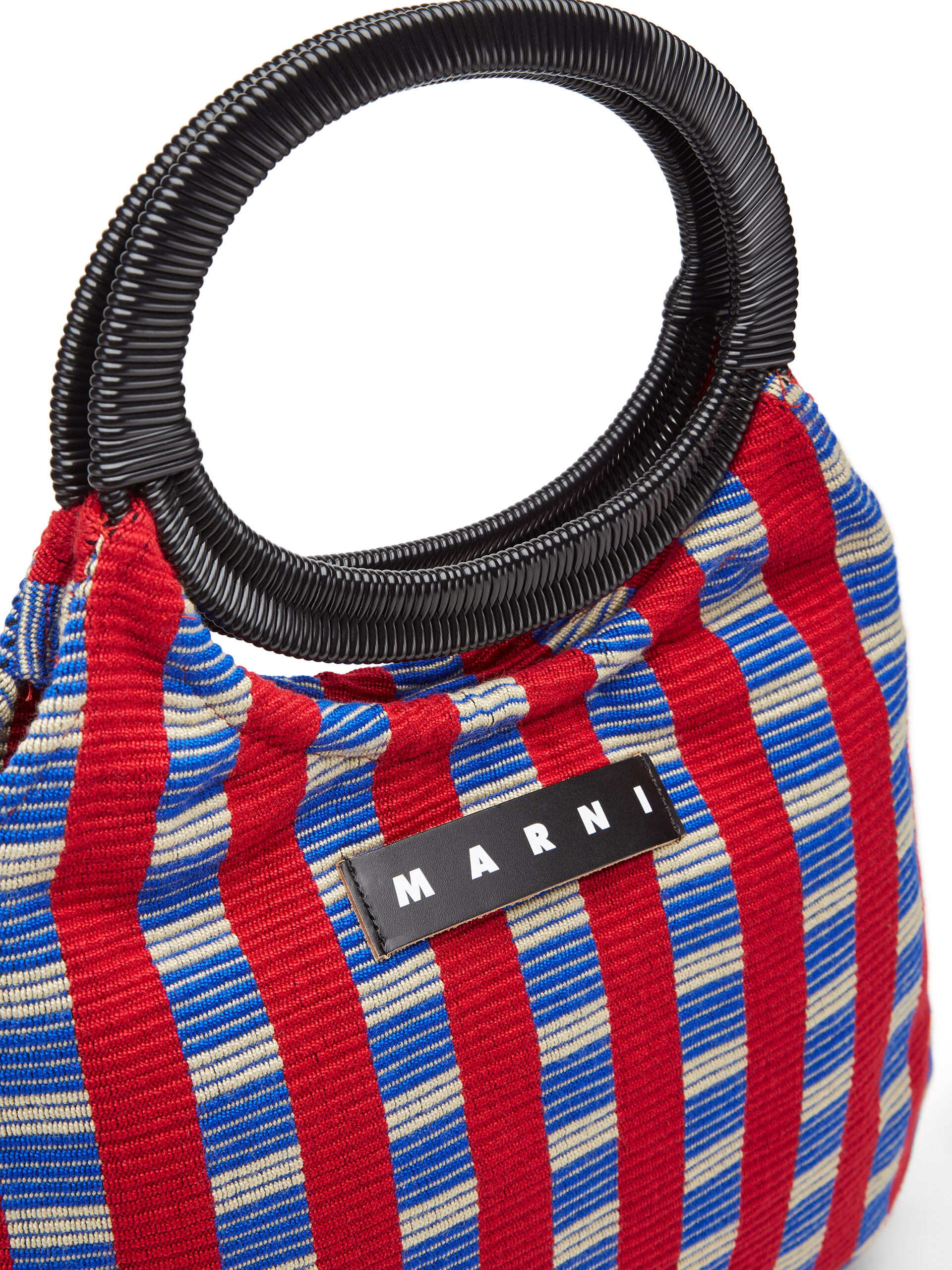 MARNI MARKET BOAT hand bag in cotton striped red blue beige with black  handles