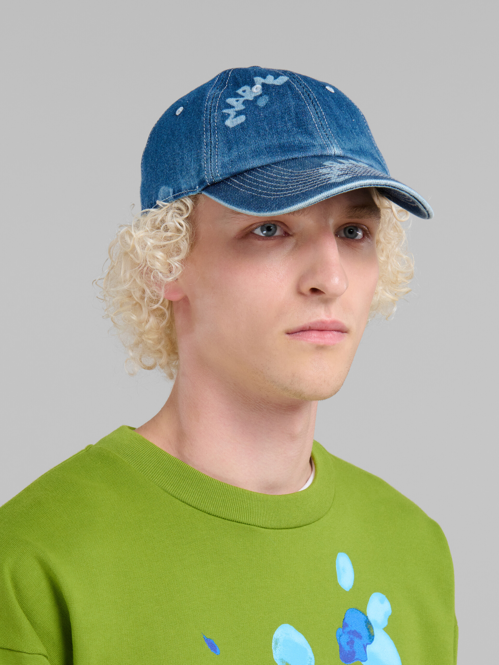 Blue denim baseball cap Marni | Dripping Marni print with