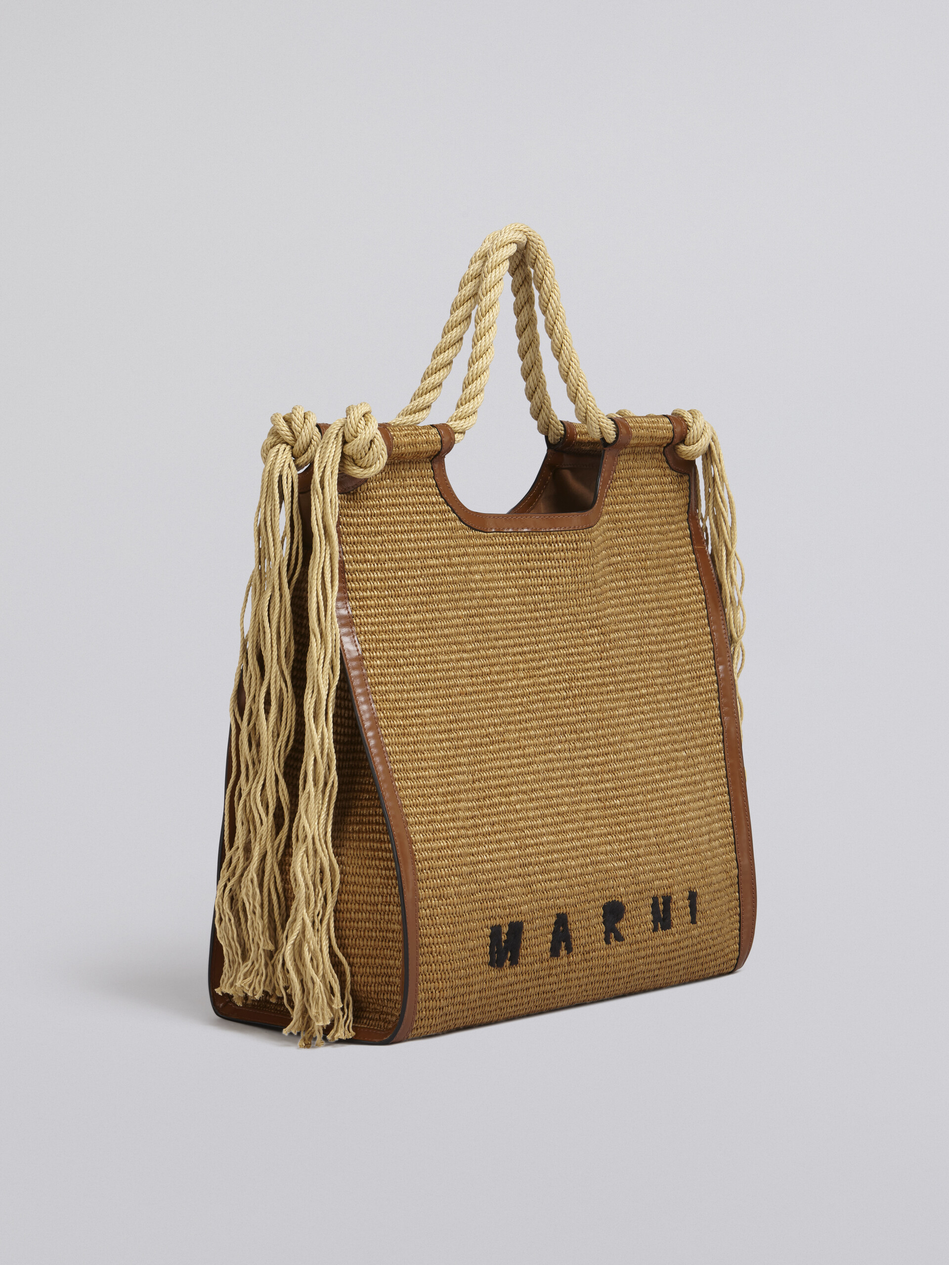 Marcel summer bag in brown leather and raffia with rope handles | Marni