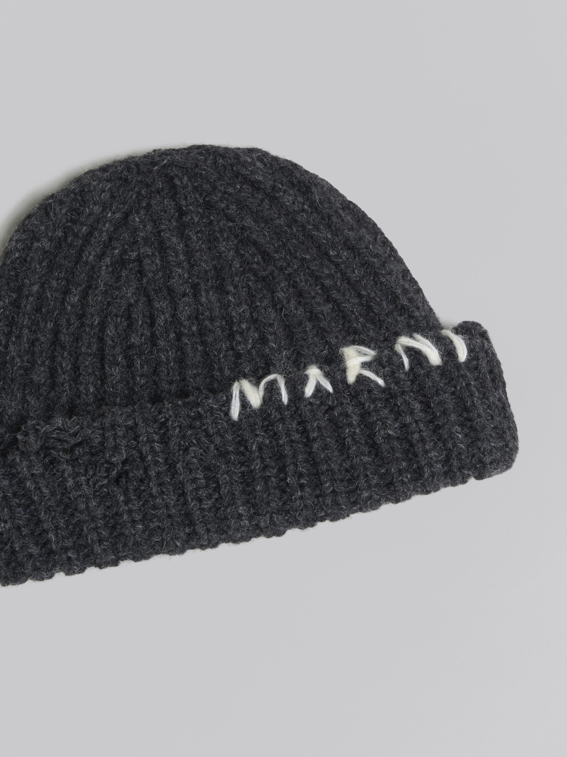 Dark grey ribbed beanie with hand-stitched logo | Marni