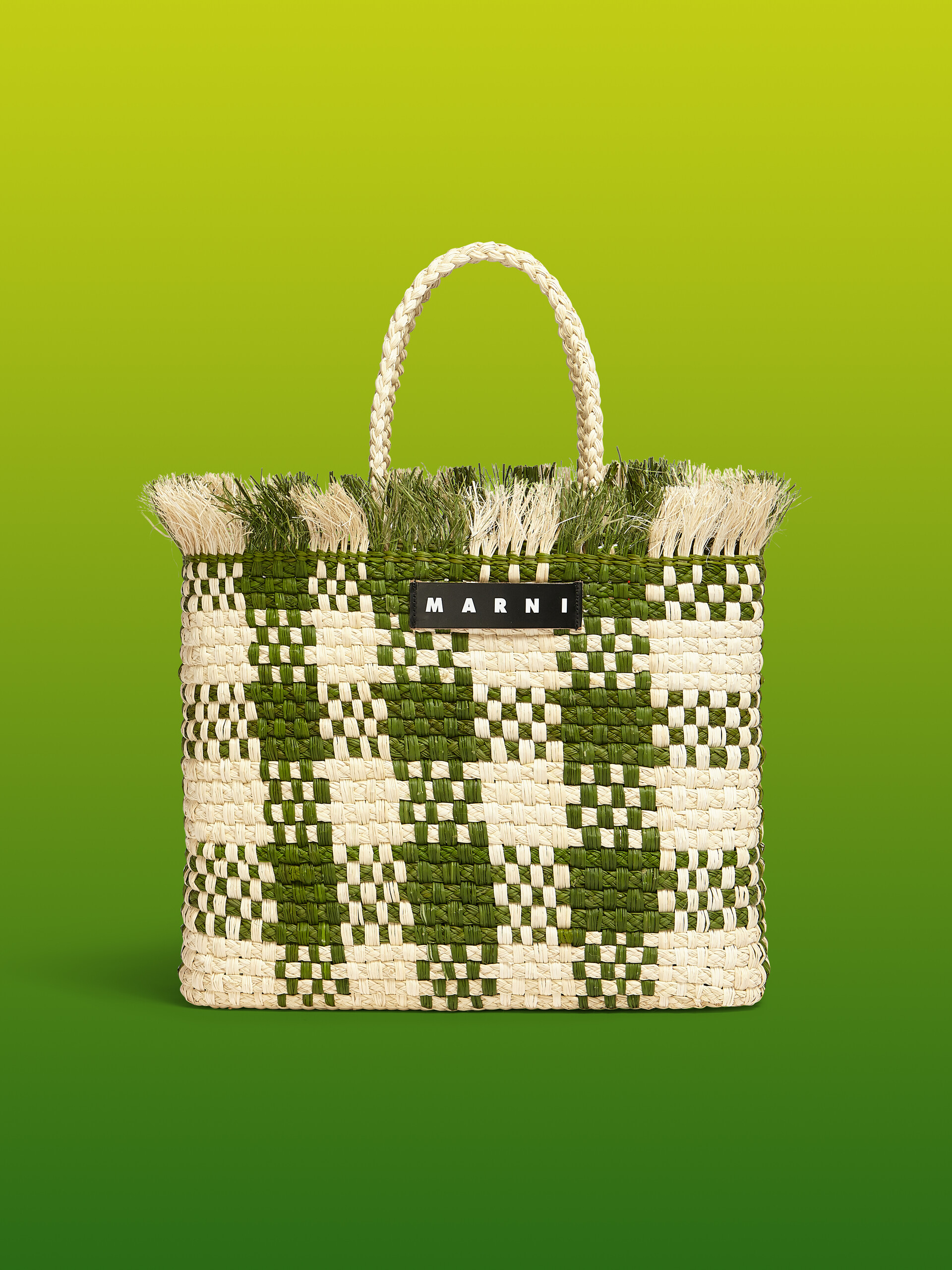 MARNI MARKET Knit Cotton Handbag Crochet Bag Striped Green Flower