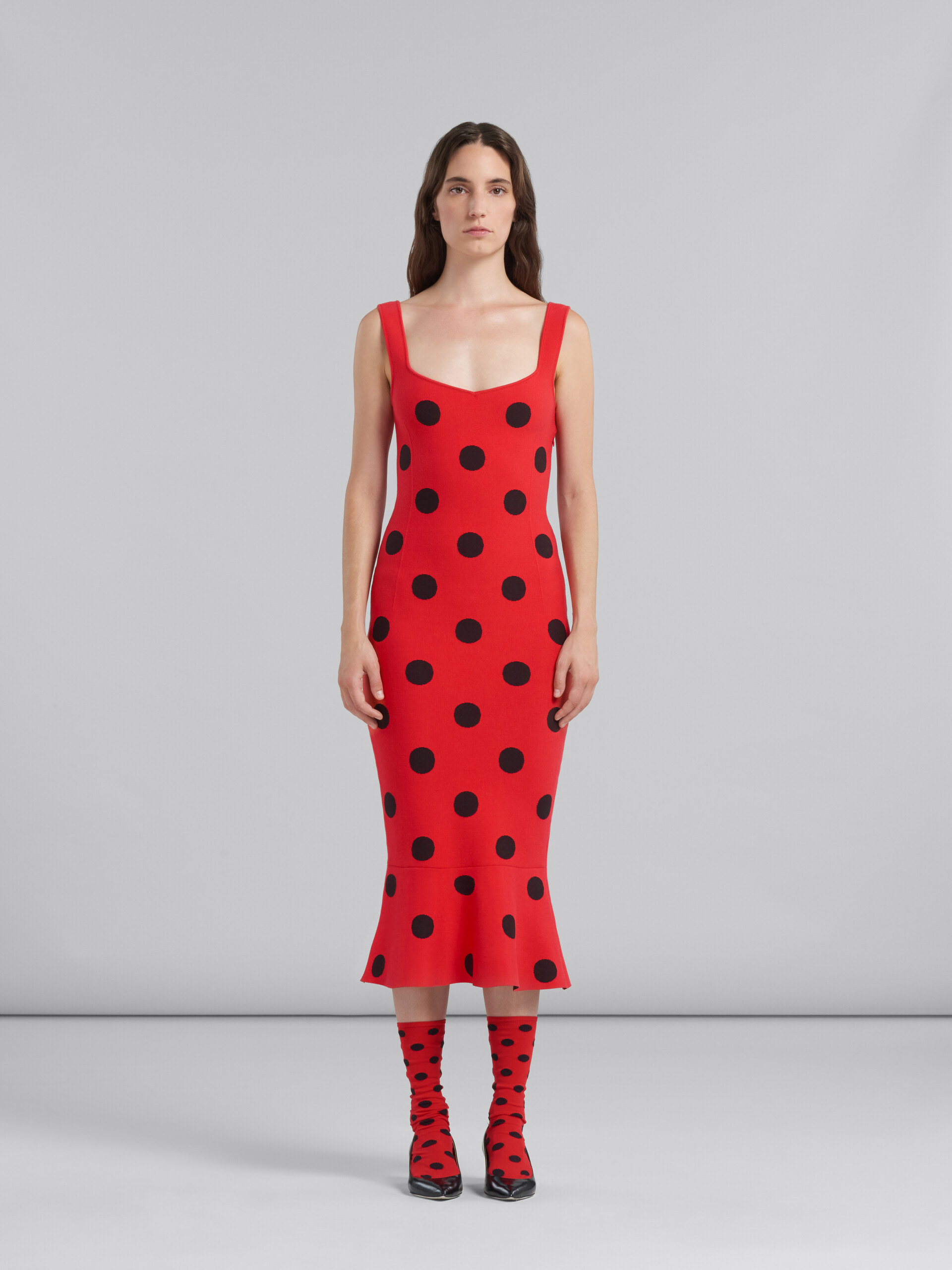 Red viscose sheath dress with polka dots