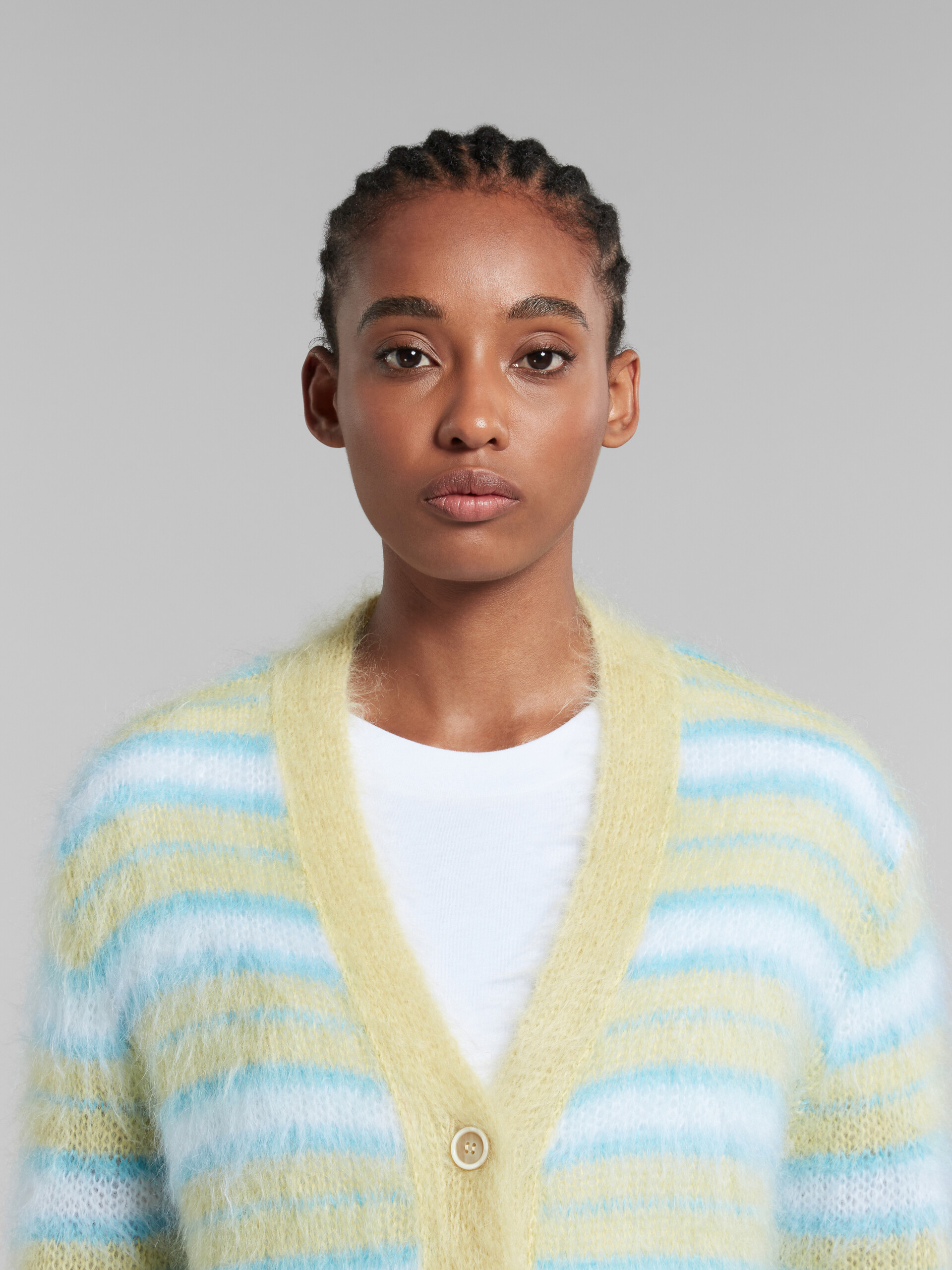 Mohair cardigan with green stripes
