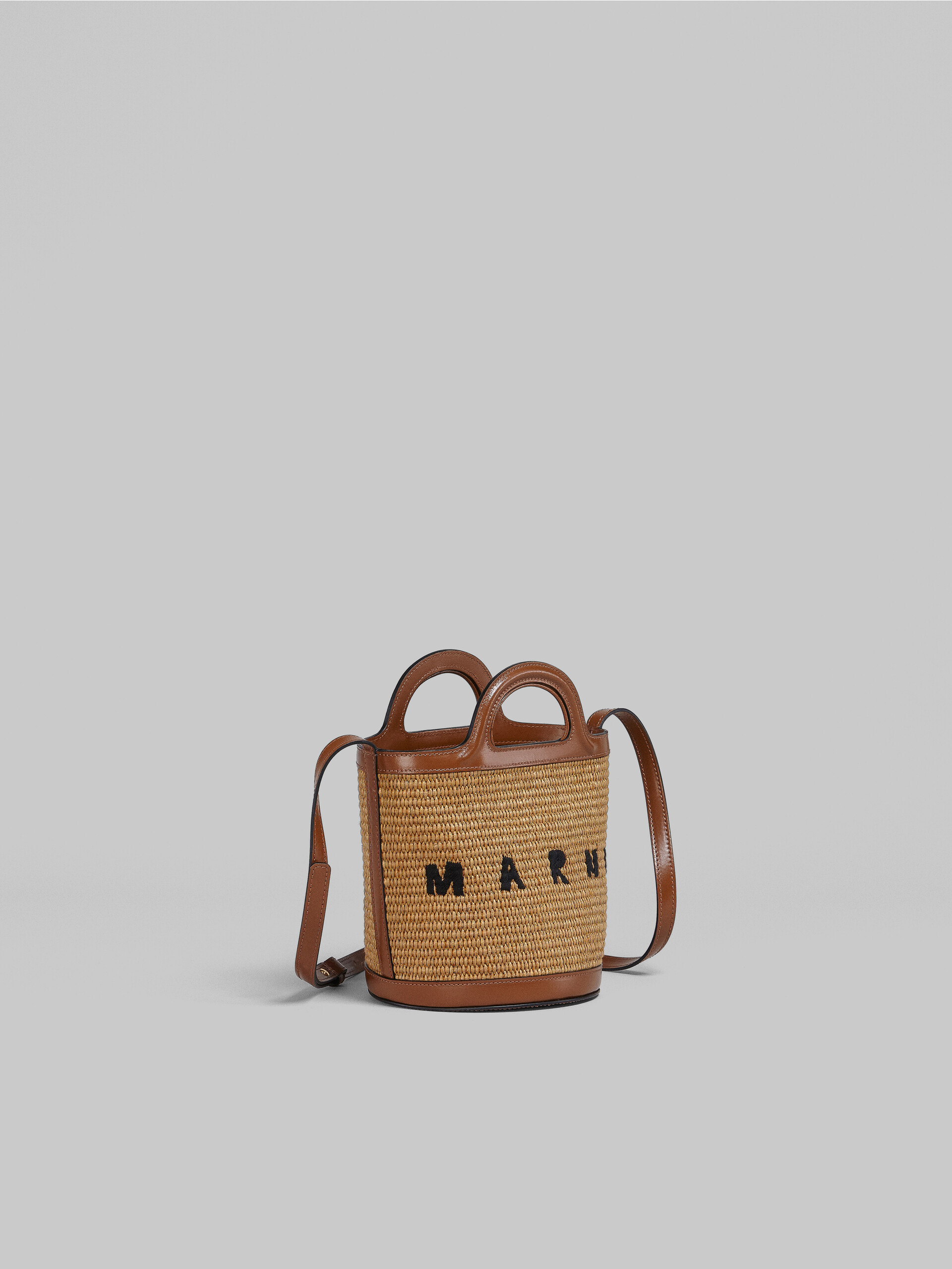 Tropicalia Small Bucket Bag in brown leather and raffia-effect fabric
