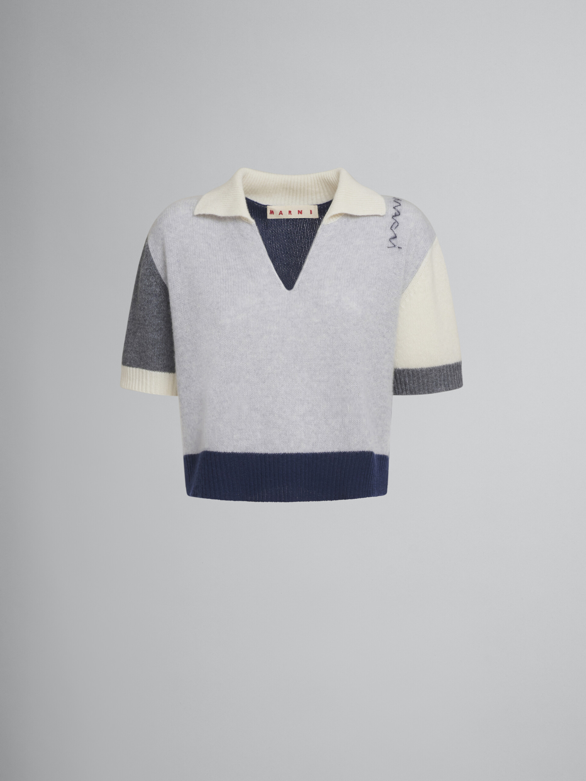 Polo in cashmere color block grigio con ricamo Marni Symbol - Pullover - Image 1