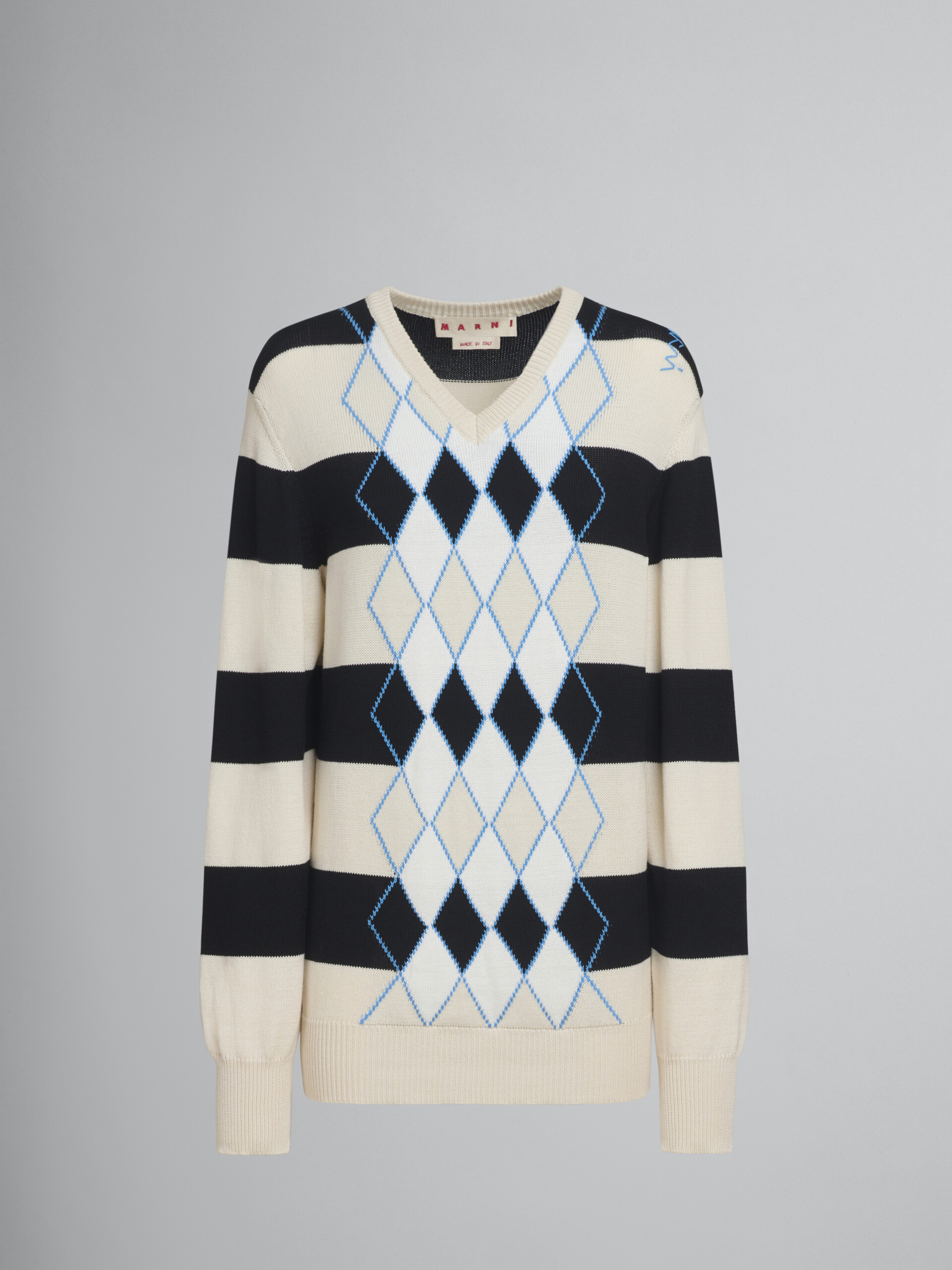 Maglione in cotone a righe bianche e nere con motivo Argyle - Pullover - Image 1