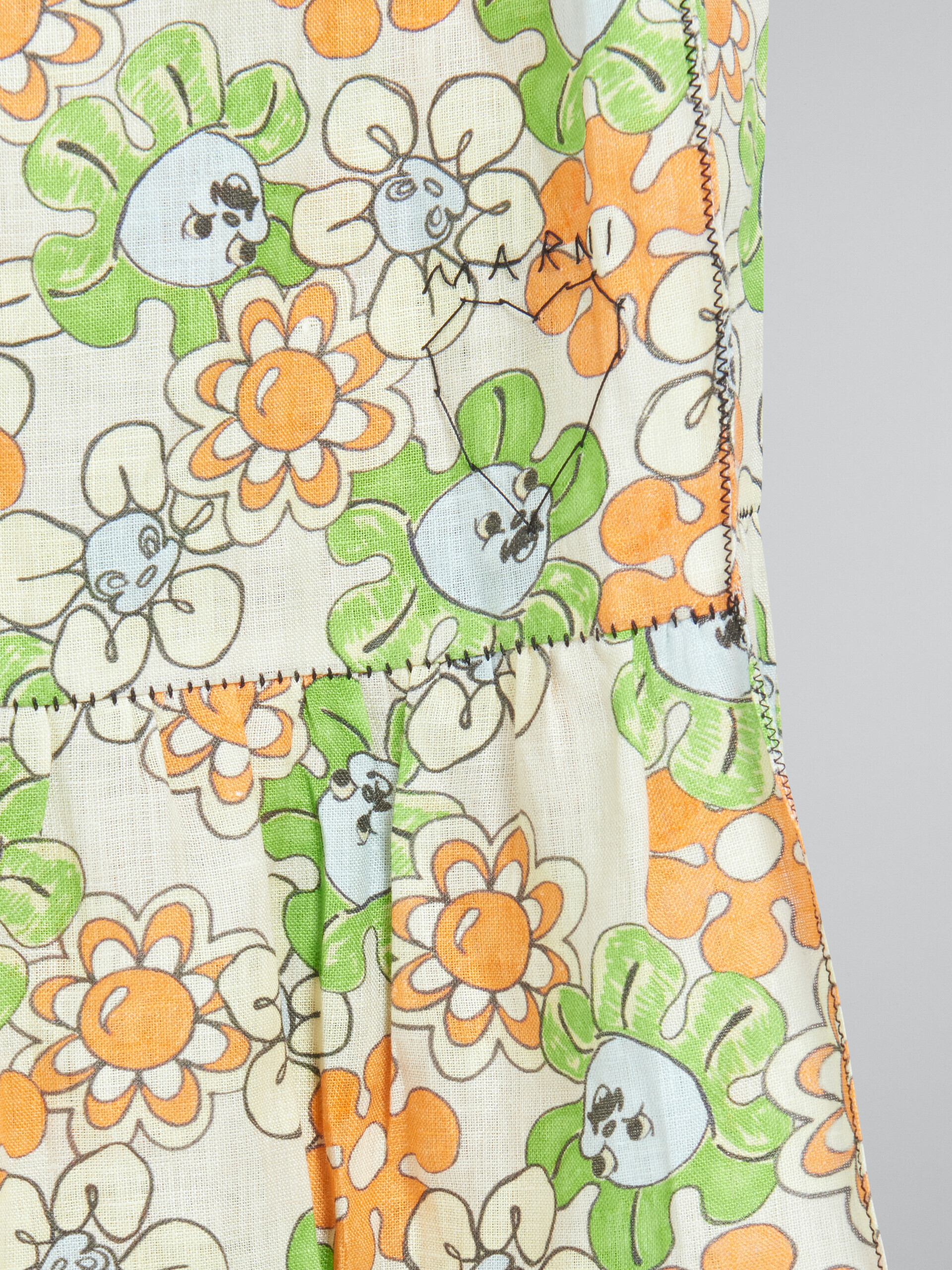 Gonna con balza in lino stampato arancione e verde - Gonne - Image 4