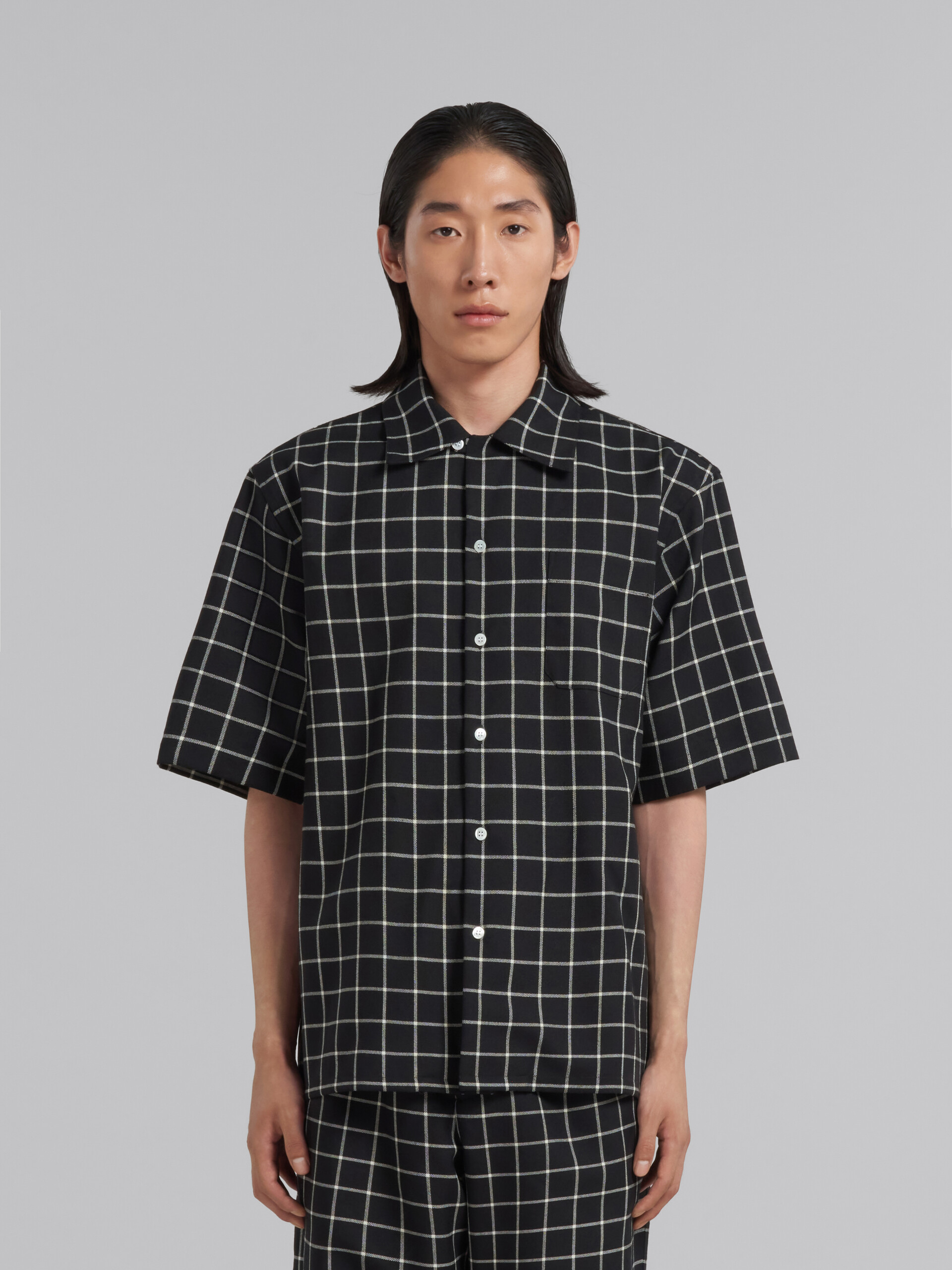 Black checked wool bowling shirt