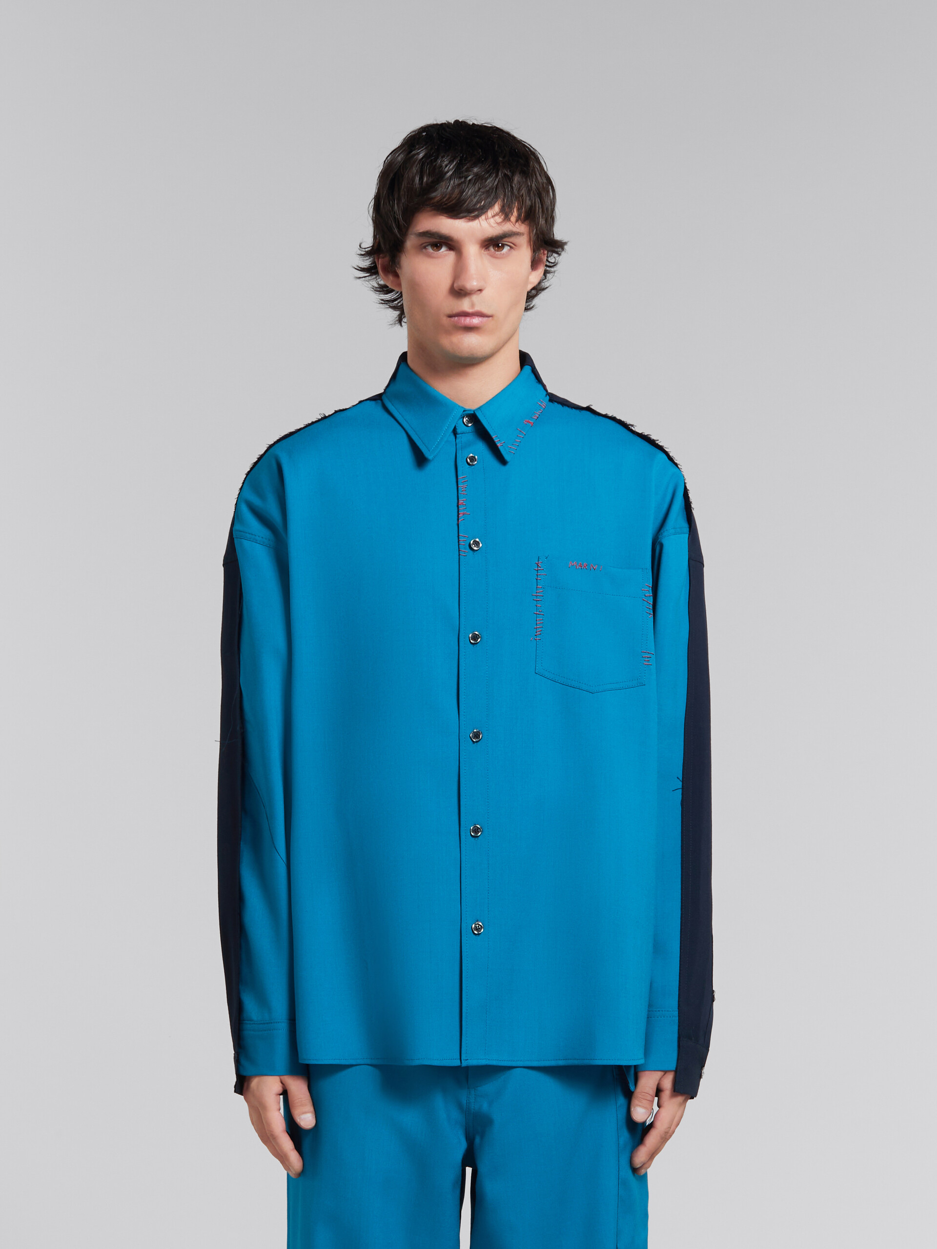 ブルー トロピカルウール製シャツ、コントラストバック | Marni