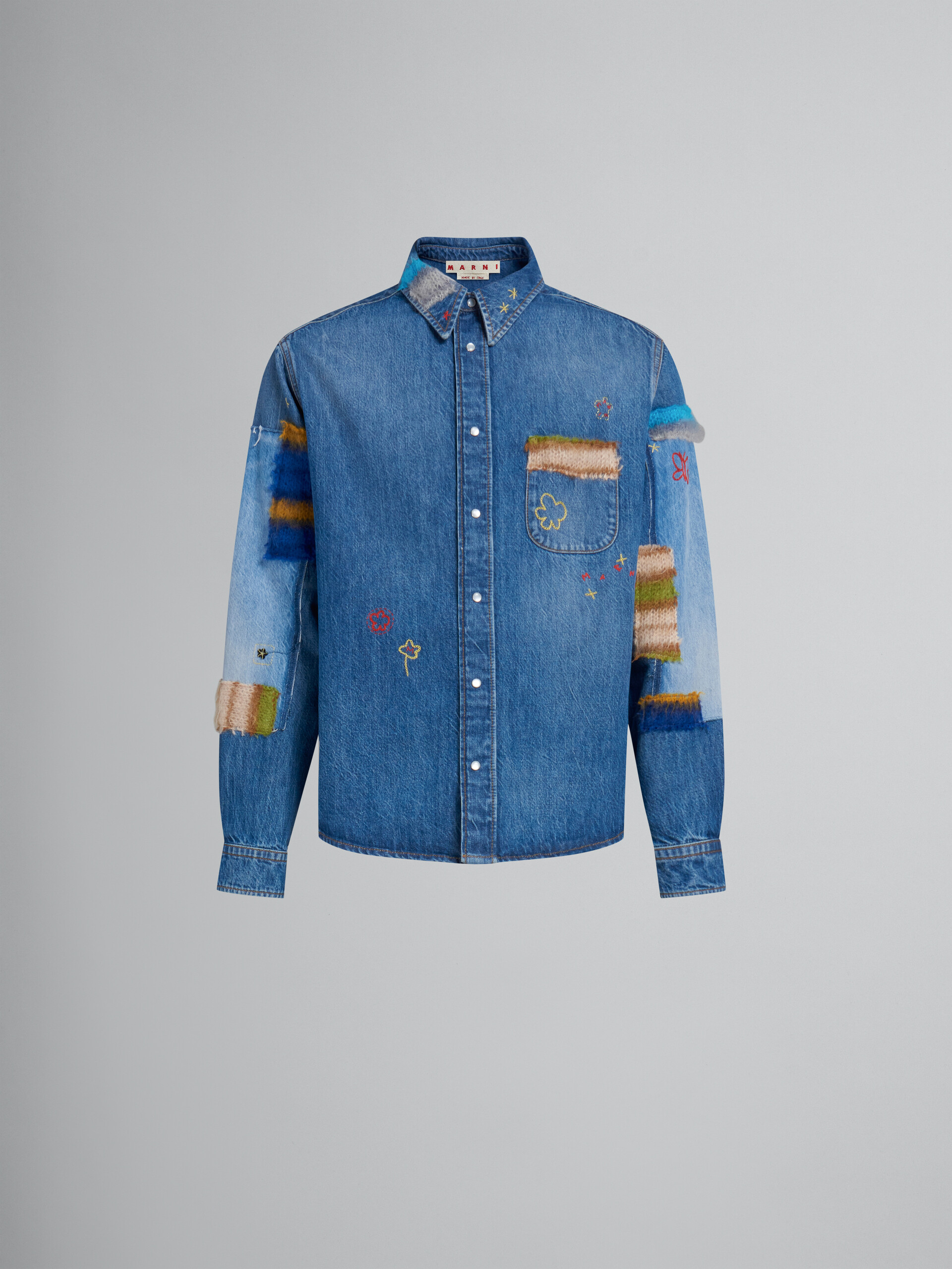 Blue organic denim shirt with mohair patches