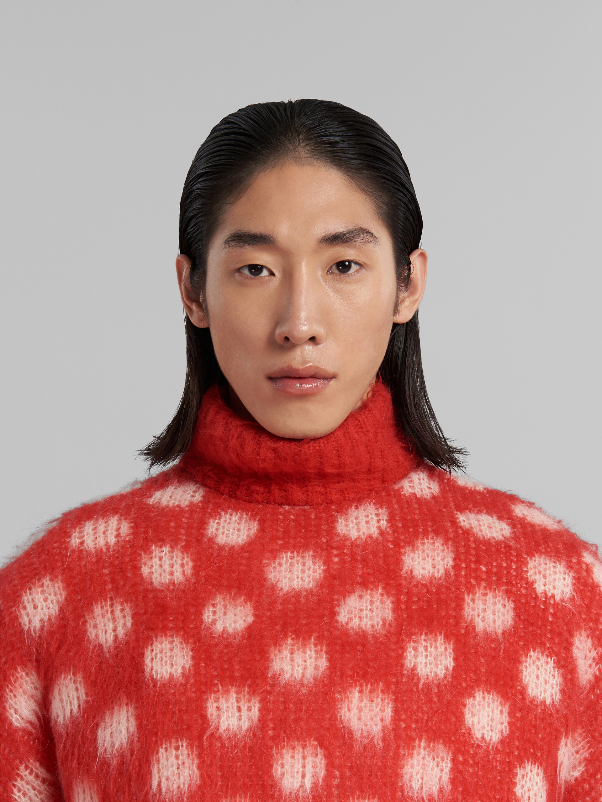 Red puffy mohair jumper with polka dots