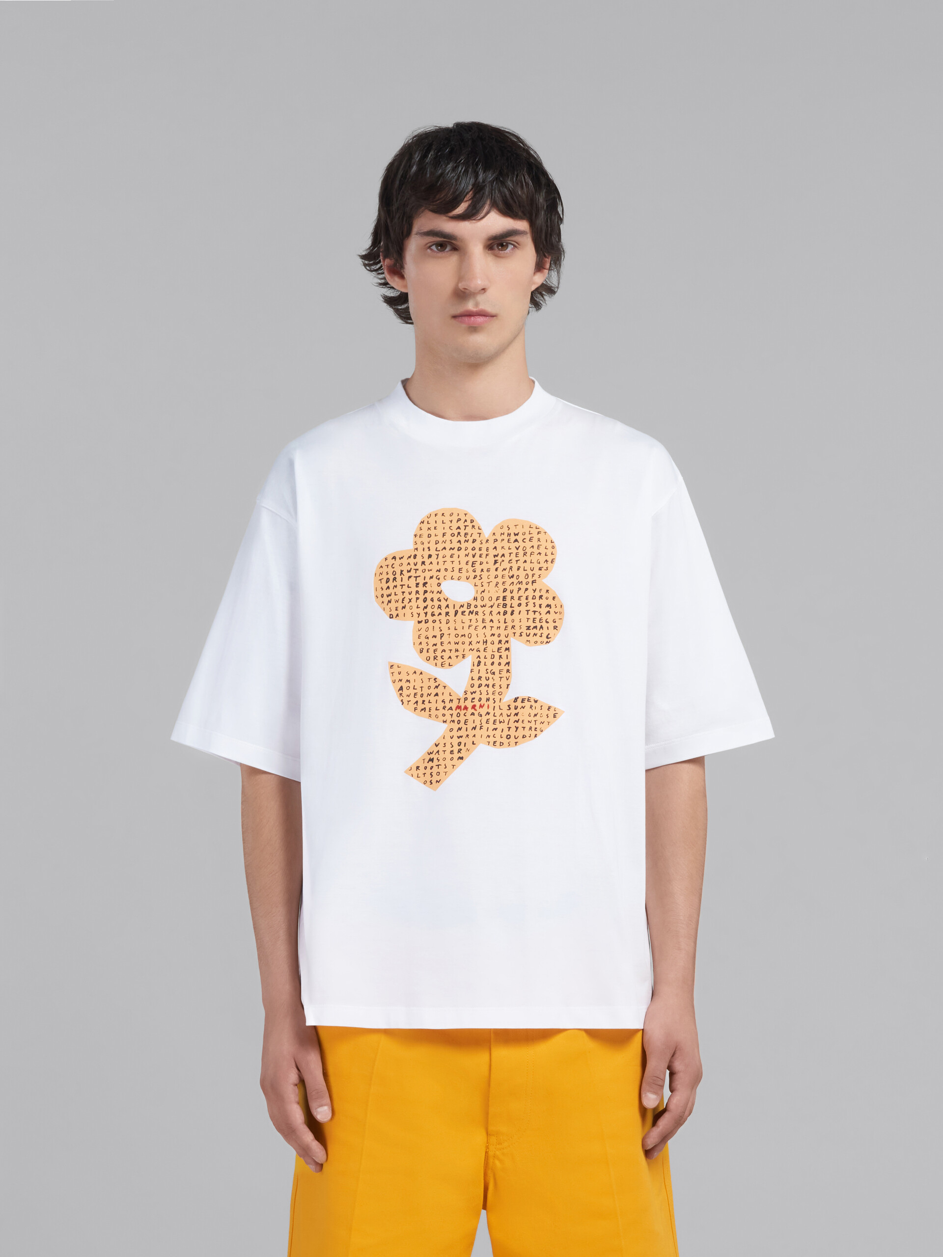 White bio cotton T-shirt with print flower wordsearch | Marni
